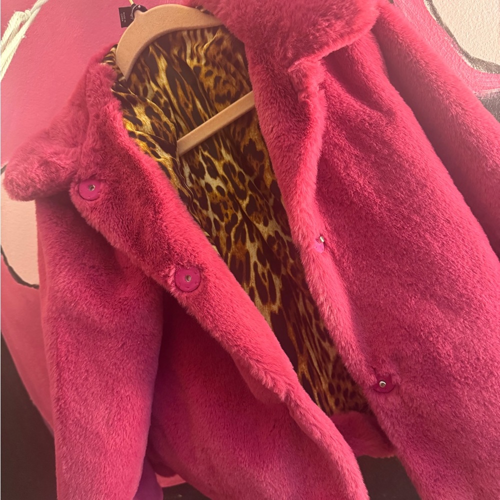 Girls Pink Faux Fur Coat w/ Cheetah Lining | Soft Plush Jacket
